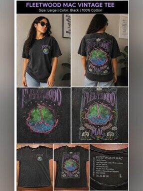 Distressed Fleetwood Mac Graphic Tee - Black with Green & Purple Peace Design